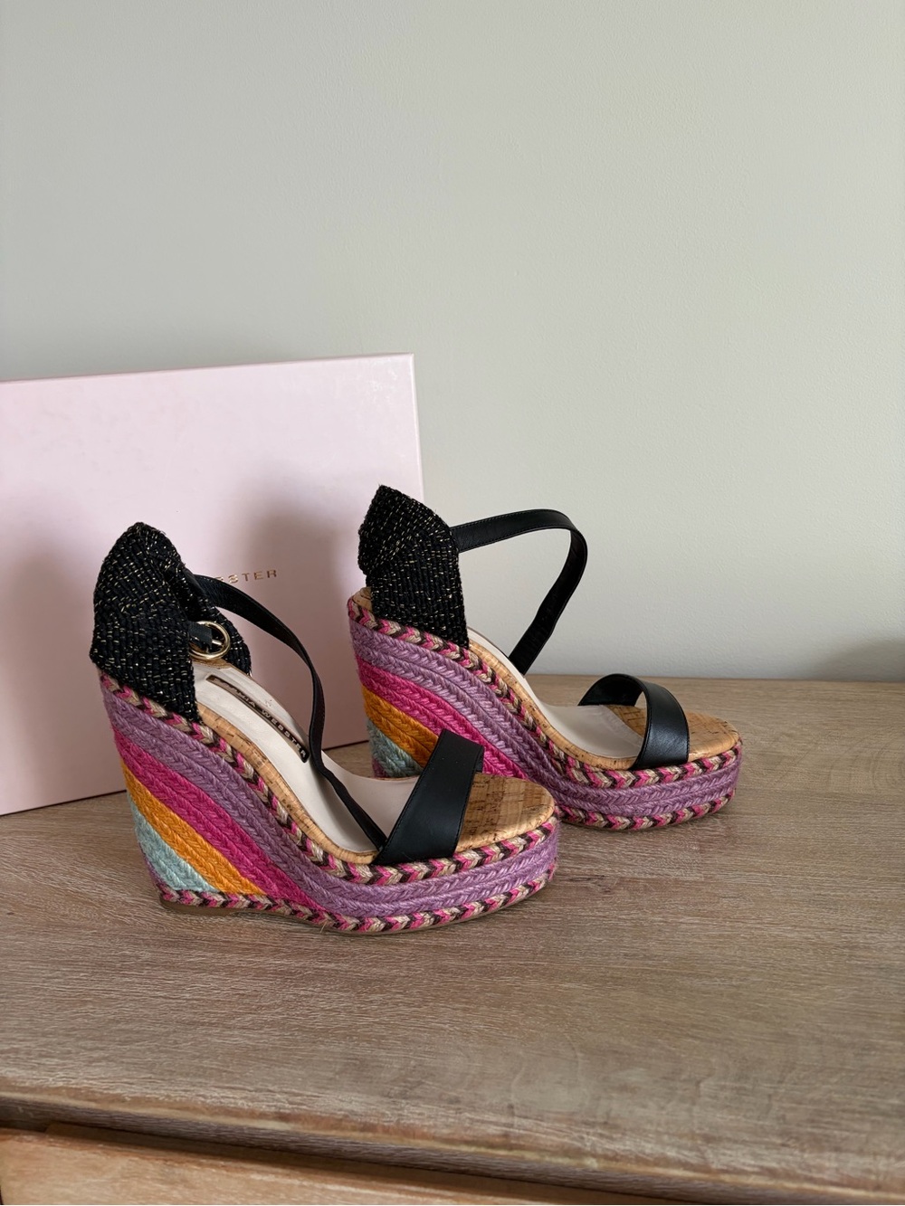 Sophia Webster Black Strap Multicolor Braided Espadrille Wedges